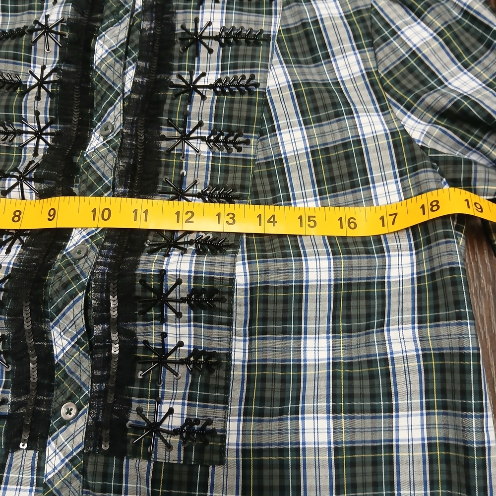 J. Crew Green and Black Plaid Ruffle-Front Button Shirt - Picture 5 of 9